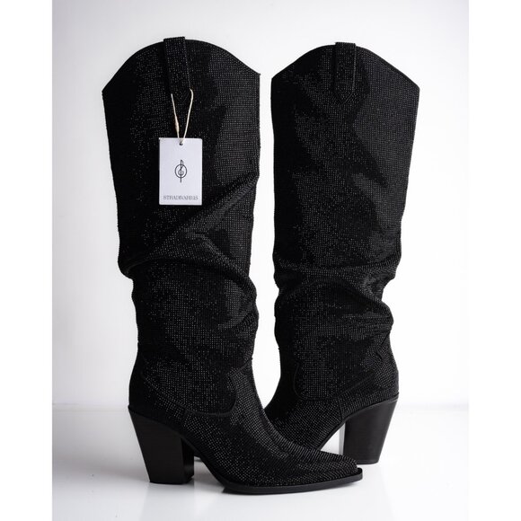 Stradivarius Zara Womens Rhinestone studded Western Boots Black US 6.5 EU 37 New - Picture 1 of 8